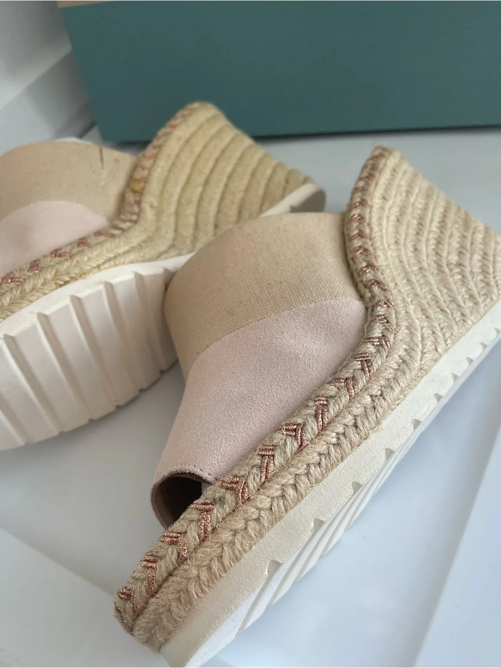 TOMS Blush Pink Canvas Espadrille Wedge Slides Monica Mule NEW in BOX